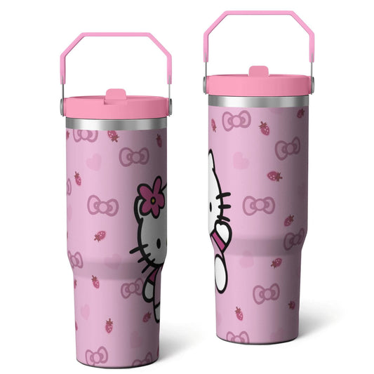 Lunabuddy™ 30oz Hello Kawaii Cat Cute Stainless Steel Tumbler with Lid and Straw,Spill Proof Travel Cup Double Wall Vacuum Insulated Coffee Mug with Top Handle Pink