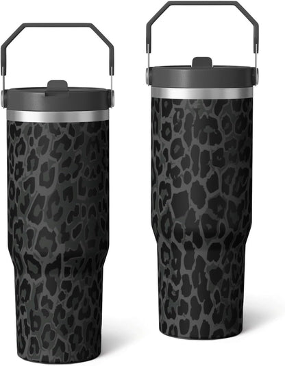 Lunabuddy™ 30oz Insulated Leopard Tumbler with Handle,Featuring a Leak-proof 2-in-1 Lid and Straw,a Vacuum-insulated Travel Coffee Mug,Portable Stainless Steel Water Bottle,Suitable for Both Women and Men