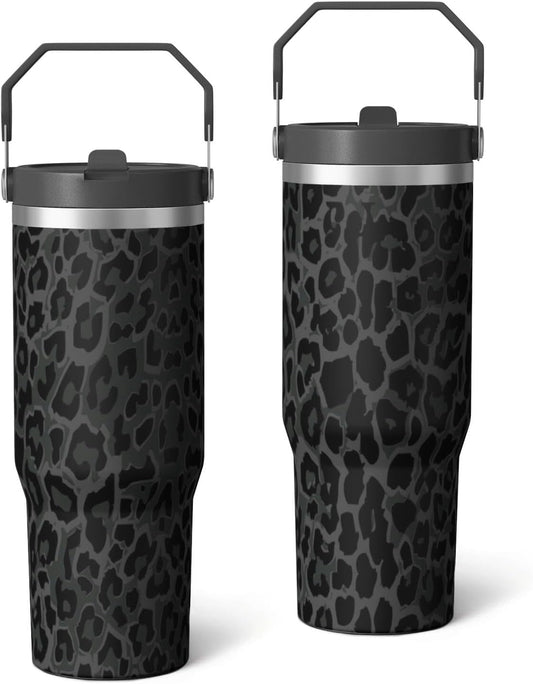 Lunabuddy™ 30oz Insulated Leopard Tumbler with Handle,Featuring a Leak-proof 2-in-1 Lid and Straw,a Vacuum-insulated Travel Coffee Mug,Portable Stainless Steel Water Bottle,Suitable for Both Women and Men