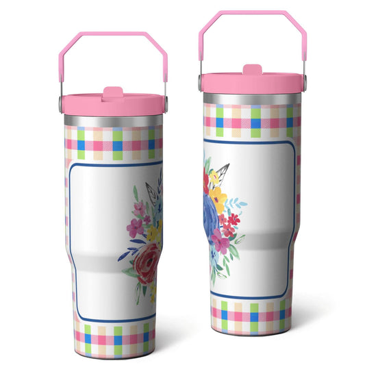 Lunabuddy™ 30oz Pioneer Colorful Floral Stainless Steel Flip Straw Tumbler with Lid and Straw Spill Proof Travel Cup Double Wall Vacuum Insulated Coffee Mug with Top Handled Pink