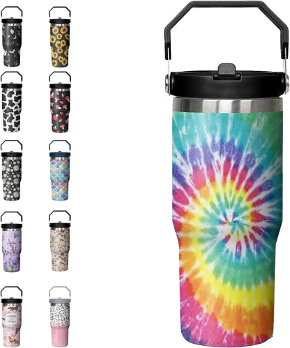 Lunabuddy™ 30oz Tie Dye Print Tumbler with Handle Flip Straw Tie Dye Print Coffee Mug with Handle Leak Proof Insulated Tumbler Tie Dye Gifts for Women