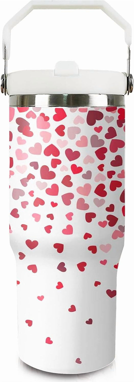Lunabuddy™ 30oz Valentines Tumbler with Handle and Straw, Valentine Insulated Tumbler, Leak Proof Travel Coffee Mug, Reusable Stainless Steel Heart Tumbler, Valentines Gifts for Her