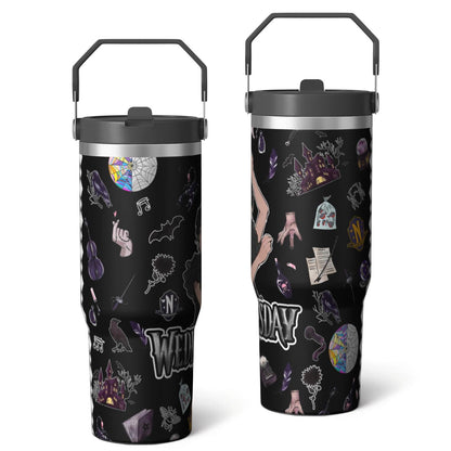 Lunabuddy™ 30oz Wednesday Girl Stainless Steel Tumbler with Lid and Straw,Wednesday Stuff Merchandise Spill Proof Travel Cup Double Wall Vacuum Insulated Coffee Mug with Top Handle Black
