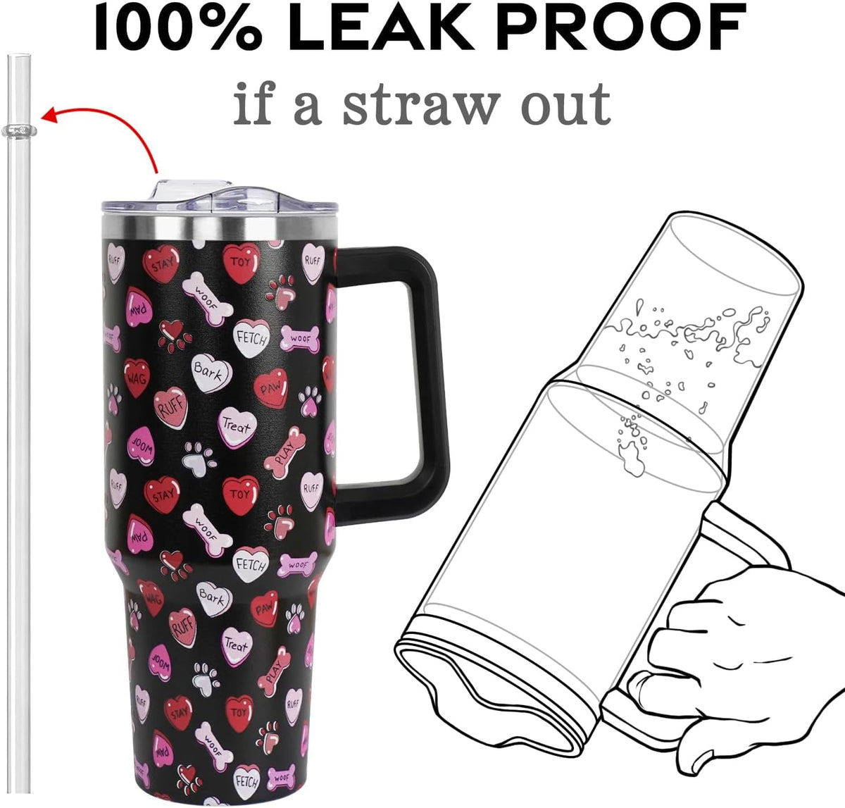 Lunabuddy™ Valentines Day Gifts 40 oz Tumbler with Handle and Straw Lid,Valentine''s Day Gift for Her Women Girlfriend Wife Dog Bones and Candy Hearts Vacuum Insulated Leak Proof Stainless Steel Coffee Cup Mug