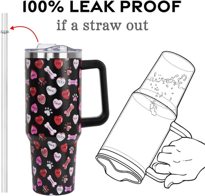 Lunabuddy™ Valentines Day Gifts 40 oz Tumbler with Handle and Straw Lid,Valentine''s Day Gift for Her Women Girlfriend Wife Dog Bones and Candy Hearts Vacuum Insulated Leak Proof Stainless Steel Coffee Cup Mug