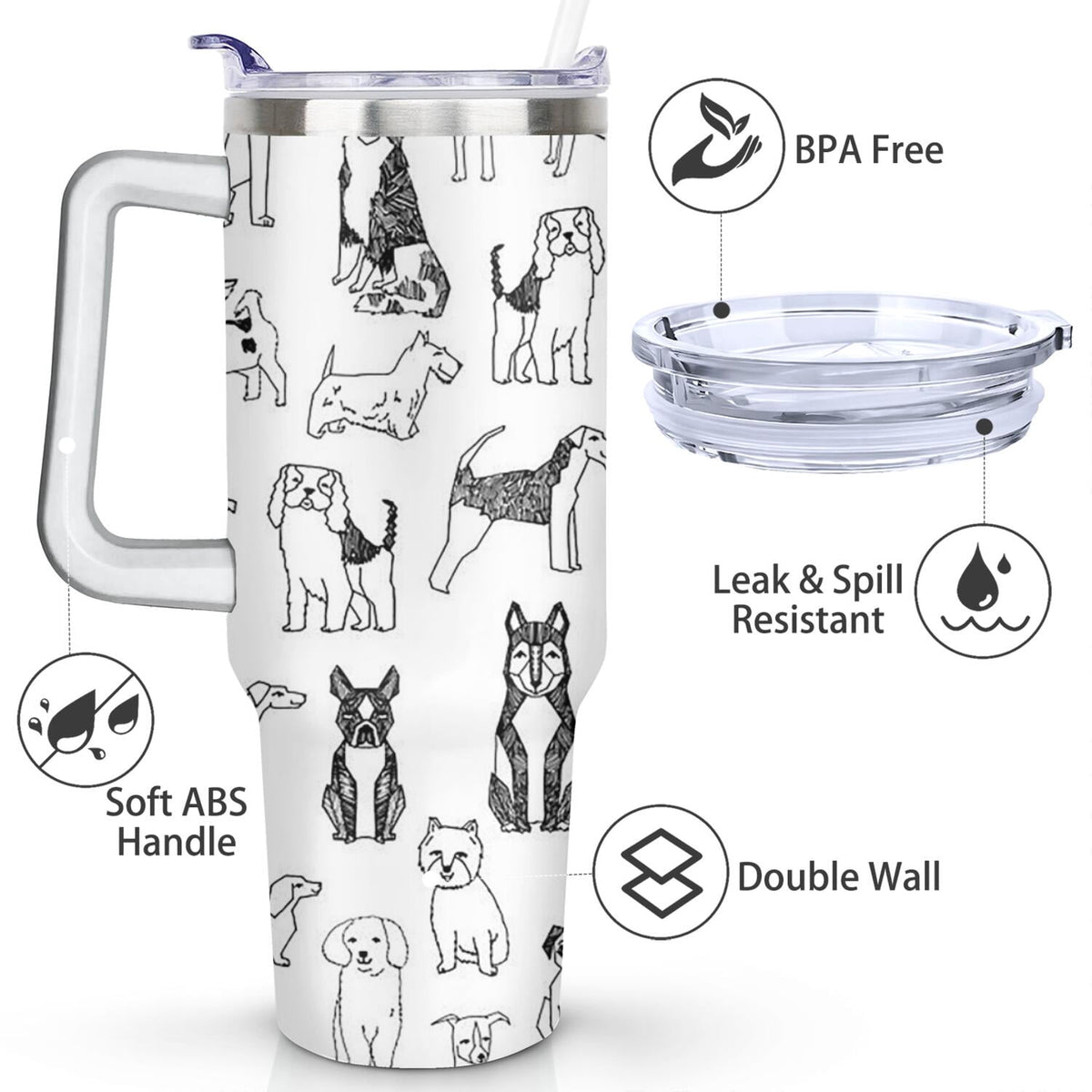 Lunabuddy™ Gift for Dog Lovers Cute Dog Tumbler for Women - 40oz Dog Tumblers with Handle Straw and Lid Tumbler Cup Travel Coffee Mug