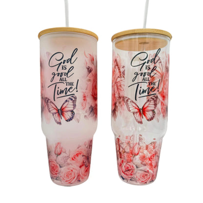 Lunabuddy™ 32oz or 40oz God Is Good All The Time custom Sublimation Printed Clear or Frost Glass Tumbler, Mug, Cup with Handle