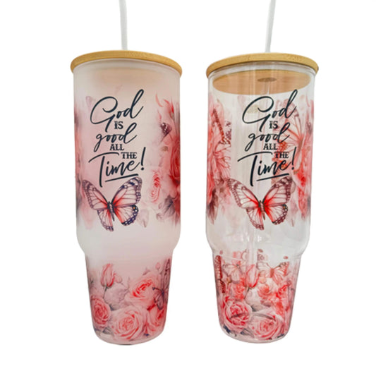 Lunabuddy™ 32oz or 40oz God Is Good All The Time custom Sublimation Printed Clear or Frost Glass Tumbler, Mug, Cup with Handle
