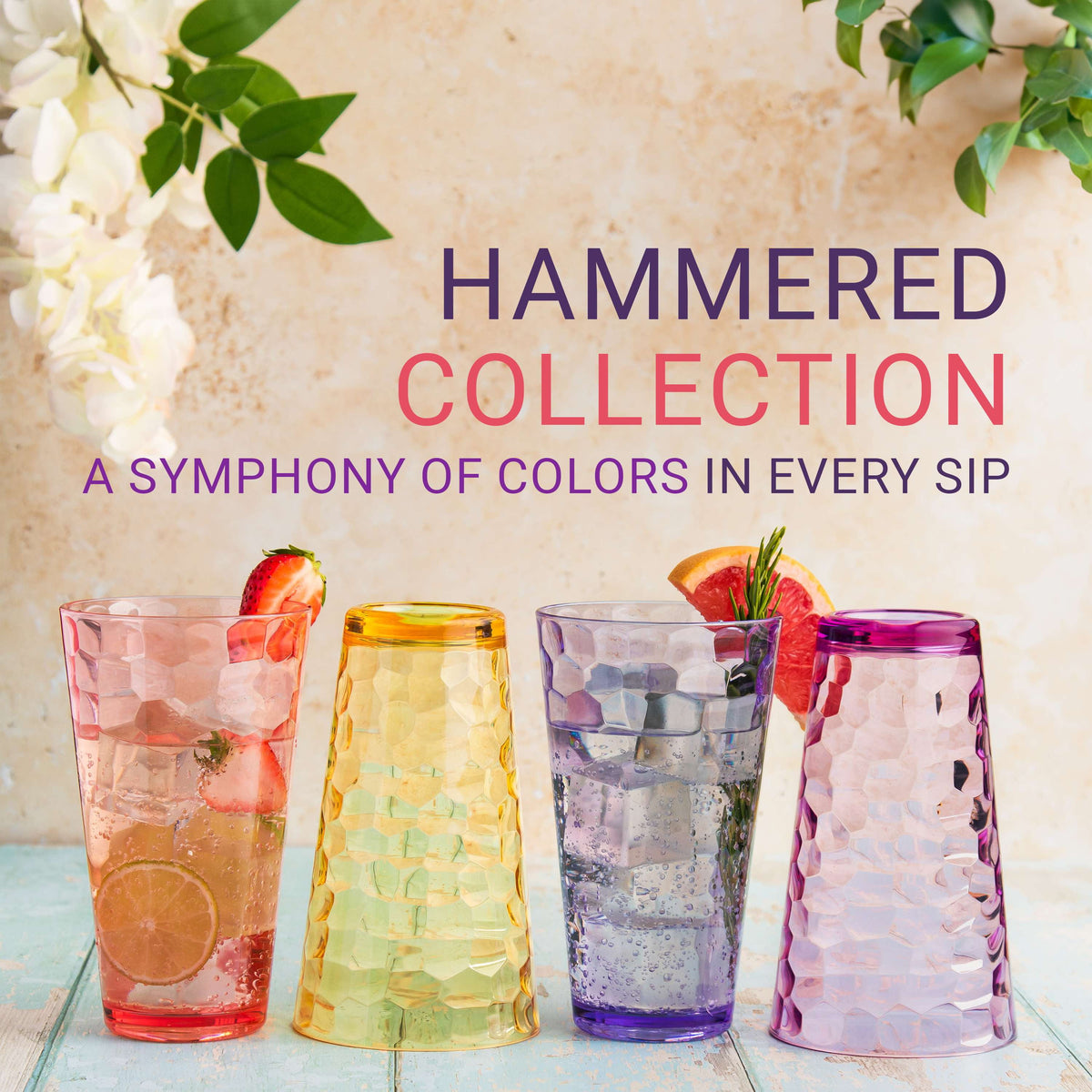 Lunabuddy™ Bravario Hammered Plastic Drinking Tumbler, Dishwasher-Safe Water Glasses, BPA-Free Reusable Mixed Colors Assorted Stackable Cups, 22 oz Set of 6