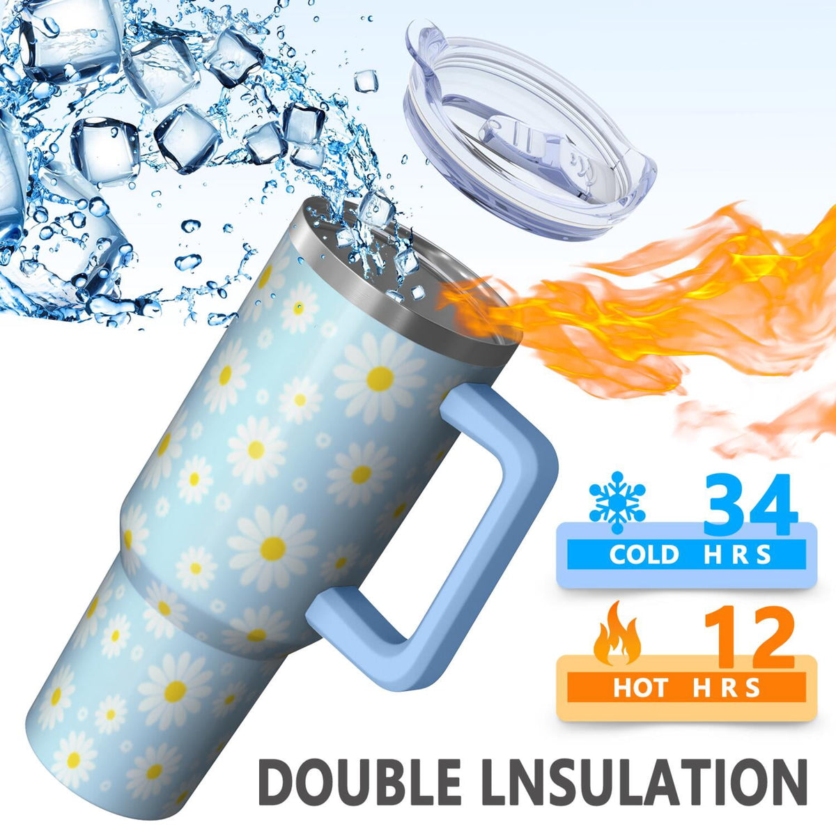 Lunabuddy™ 1pc daisy 40oz Tumbler with Straw & Handle - Insulated Stainless Steel Cup | Holiday Gift for Man Women (Christmas, Valentine's, Birthday)