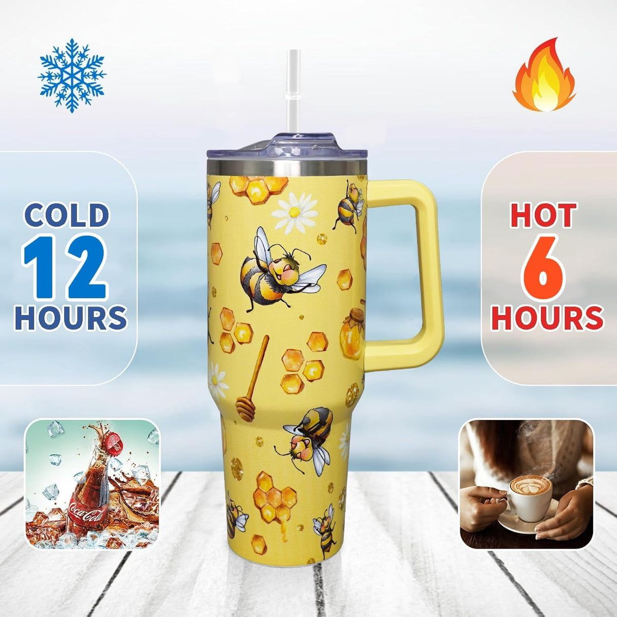 Lunabuddy™ 40oz Bee Tumbler With Handle Lid and Straw -Bee gifts for women Bee Travel Coffee Cup-Bee Gifts For Bee Lover-Bee Mugs