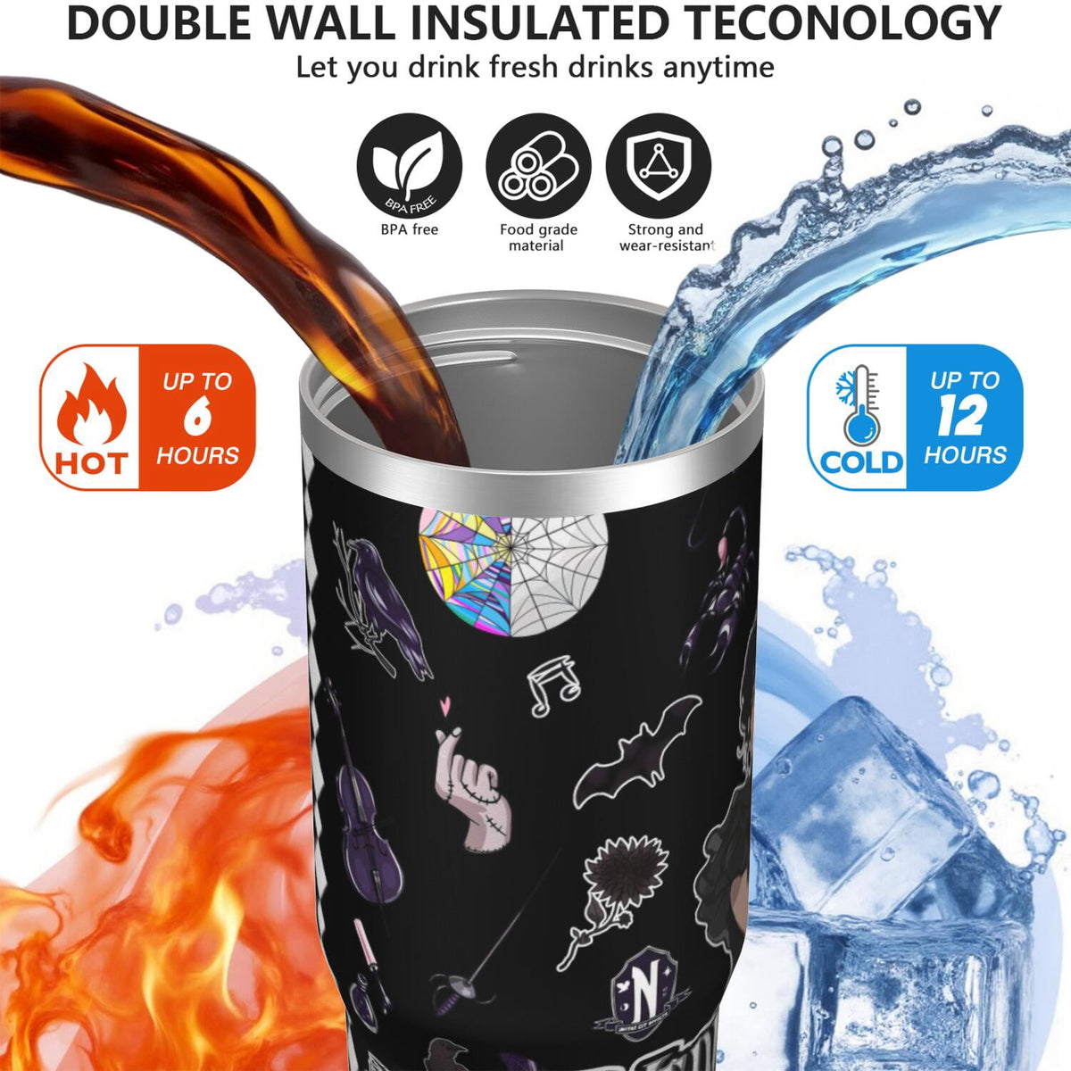 Lunabuddy™ 30oz Wednesday Girl Stainless Steel Tumbler with Lid and Straw,Wednesday Stuff Merchandise Spill Proof Travel Cup Double Wall Vacuum Insulated Coffee Mug with Top Handle Black