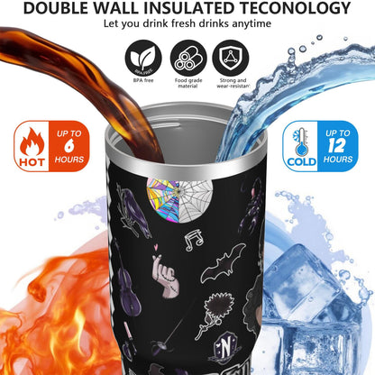 Lunabuddy™ 30oz Wednesday Girl Stainless Steel Tumbler with Lid and Straw,Wednesday Stuff Merchandise Spill Proof Travel Cup Double Wall Vacuum Insulated Coffee Mug with Top Handle Black