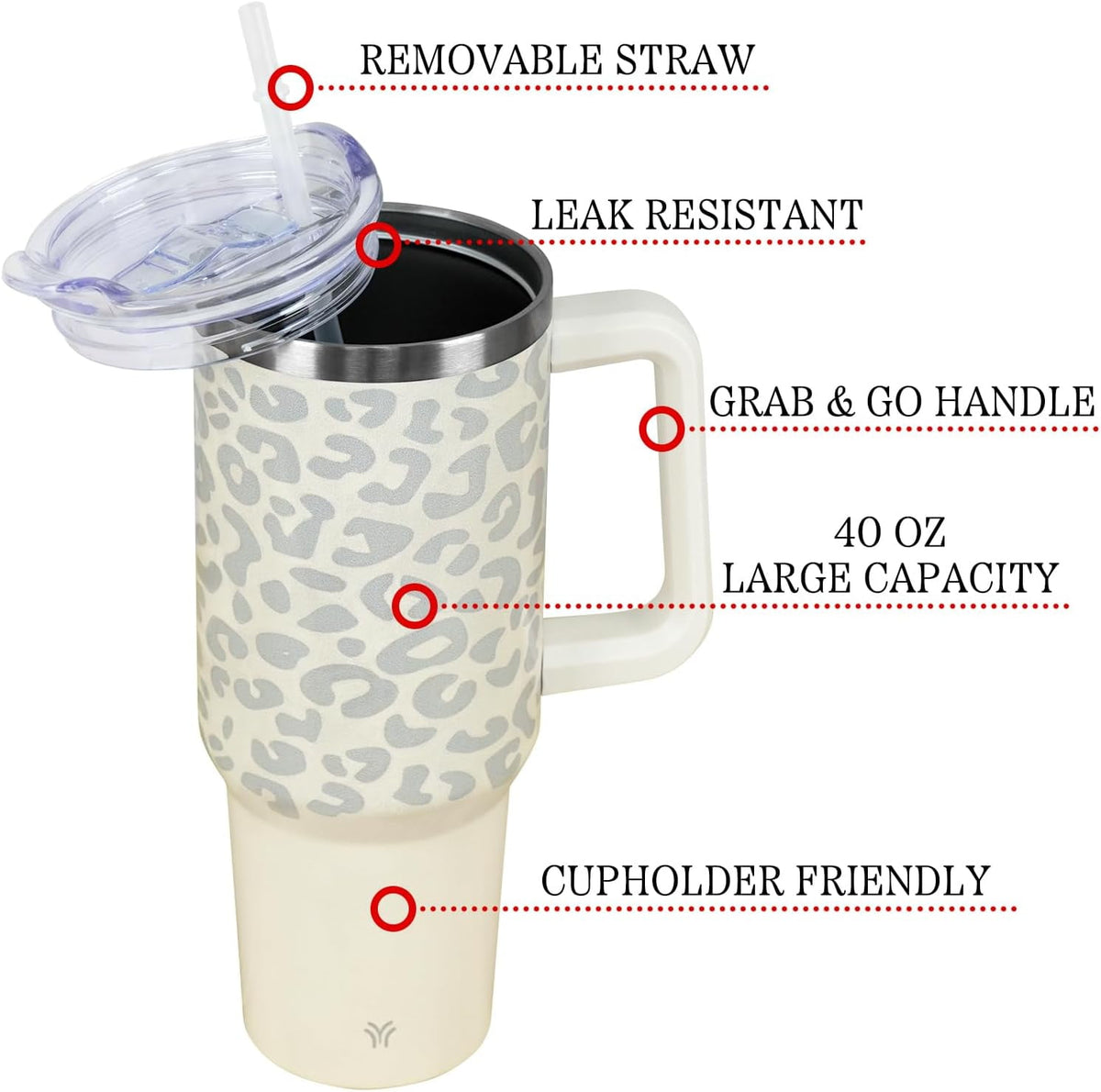 Lunabuddy™ 40oz Tumbler with Handle and Straw Lid | Vacuum Insulated Leak Proof Tumbler | Stainless Steel Travel Mug Water Bottle Cup Keeps Cold & Hot | Cream Leopard