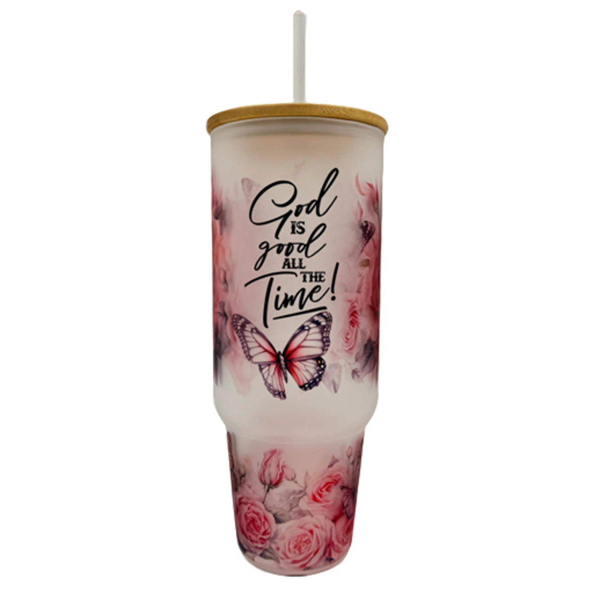 Lunabuddy™ 32oz or 40oz God Is Good All The Time custom Sublimation Printed Clear or Frost Glass Tumbler, Mug, Cup with Handle