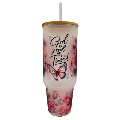 Lunabuddy™ 32oz or 40oz God Is Good All The Time custom Sublimation Printed Clear or Frost Glass Tumbler, Mug, Cup with Handle
