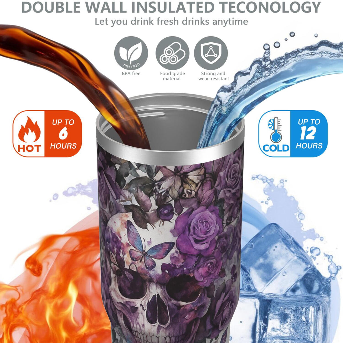 Lunabuddy™ 1pc Halloween Skull 30oz Tumbler with Straw & Handle - Insulated Stainless Steel Cup | Holiday Gift for Man Women (Christmas, Valentine's, Birthday)