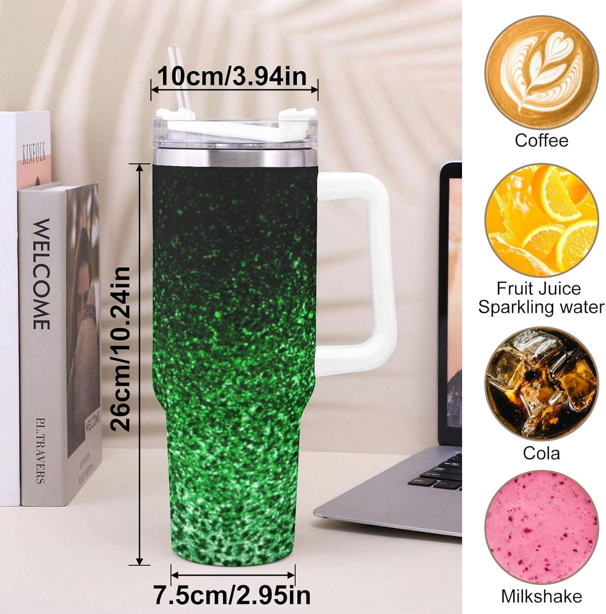 Lunabuddy™ Ombre Leopard Glitter 40 oz Insulated Double Wall Stainless Steel Tumbler with Handle and Straw, Lid, Large Travel Mug Fits in Cup Holder, Cup Gift for Women(Green)