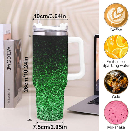 Lunabuddy™ Ombre Leopard Glitter 40 oz Insulated Double Wall Stainless Steel Tumbler with Handle and Straw, Lid, Large Travel Mug Fits in Cup Holder, Cup Gift for Women(Green)