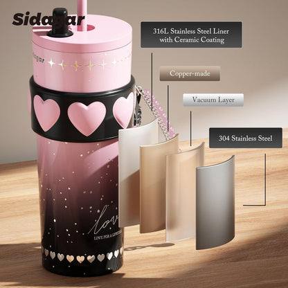 Lunabuddy™ 24oz Ceramic Coated Insulated Tumbler with Straw, Gift Travel Mug for Women and Couples, Pink