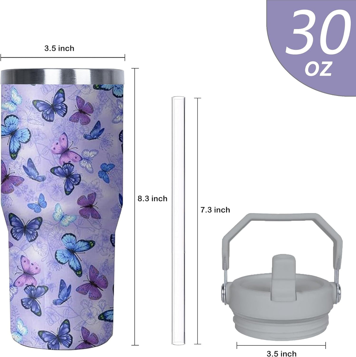 Lunabuddy™ 30 oz Purple Butterfly Tumbler with Handle and Filp Straw, Stainless Steel Cup with Lid and Straw, Travel Coffee Mug Insulated Water Bottle,Christmas Birthday Mothers Day Gifts for Women Animal Lovers