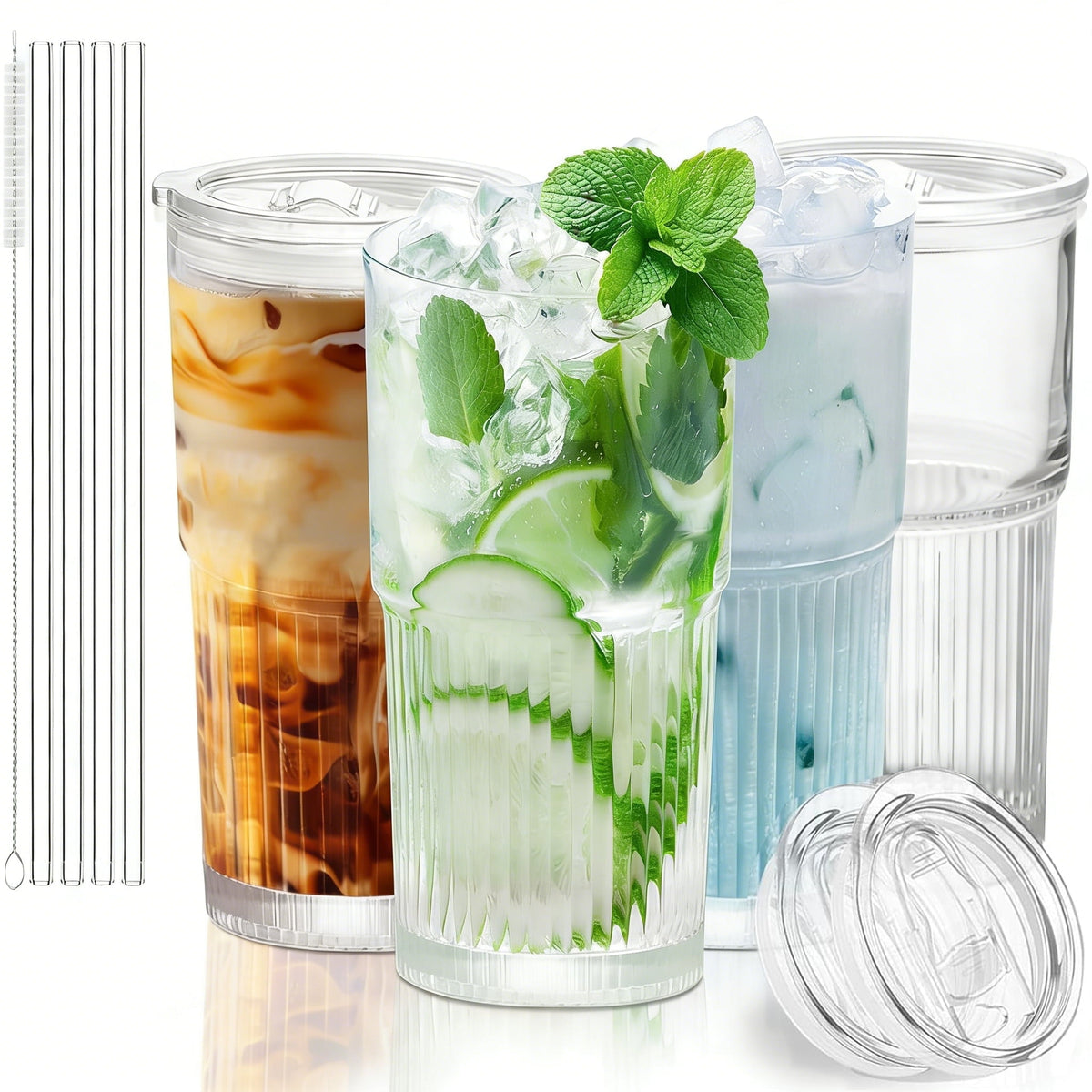 Lunabuddy™ 4 pack 16 oz Glass Cups with Lids and Straws – Single Reusable Tumbler, Thickened Shatter-Resistant Glass, Ideal for Iced Coffee, Smoothies, Cocktails, Juices – Elegant & Durable Drinkware