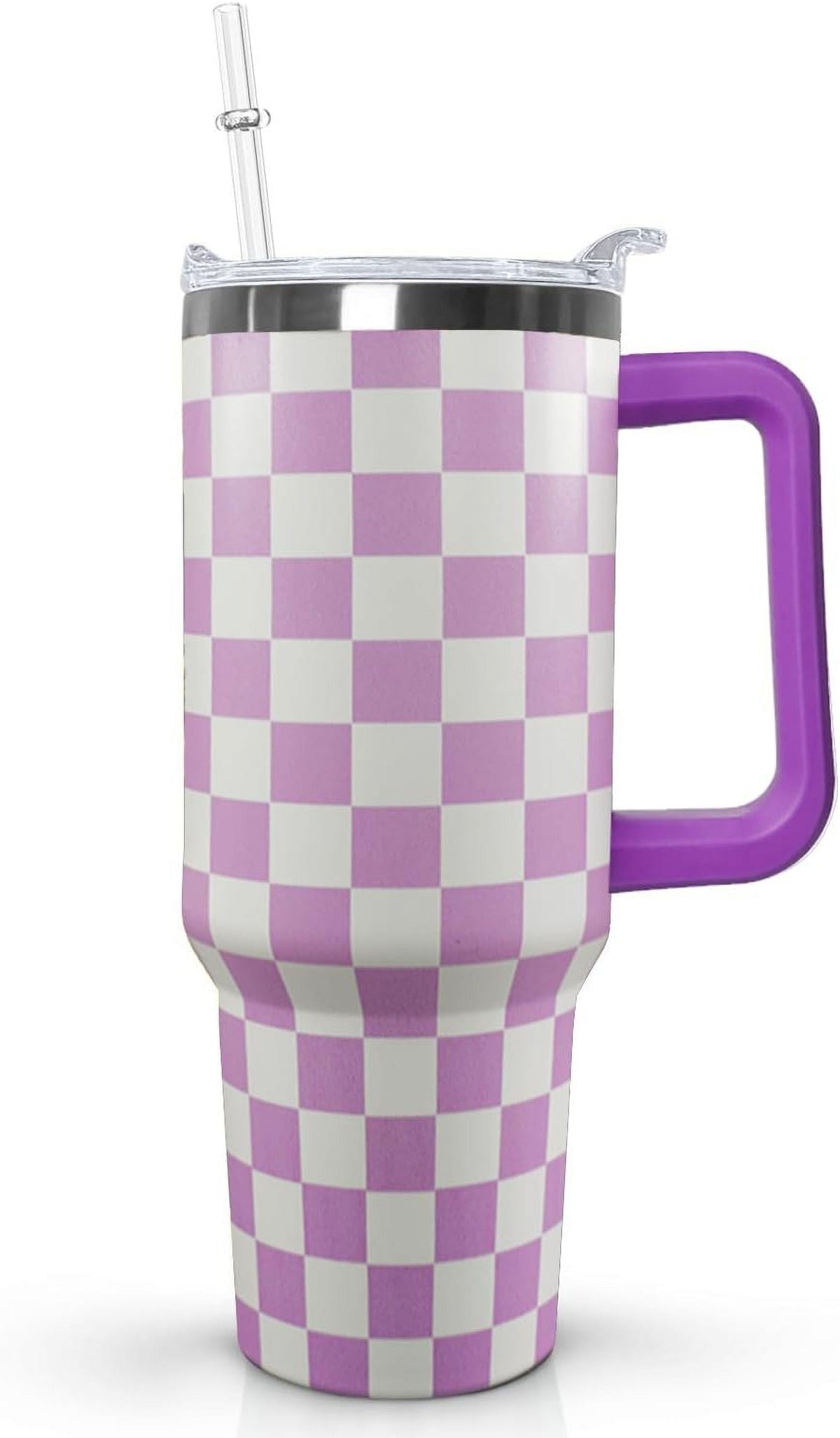 Lunabuddy™ 40 Oz Checkered Tumbler with Handle Lid and Straw, Purple Checkered Tumbler Water Bottle Travel Coffee Cup Mug,Checkered Gifts for Women