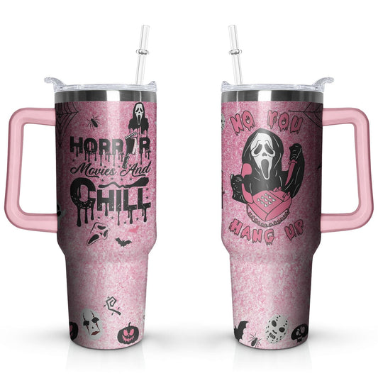 Lunabuddy™ 40 Oz Halloween Tumbler with Handle, Lid and Straw, Halloween Ghostface Cup Horror Spooky Gifts for Women Girls, Halloween Cups for Adults, Pink
