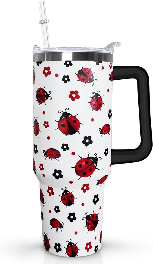 Lunabuddy™ 40 Oz Ladybug Tumbler With Handle - Coffee Travel Mug Cup Water Bottle, Strawberry Decor - Gifts for Women