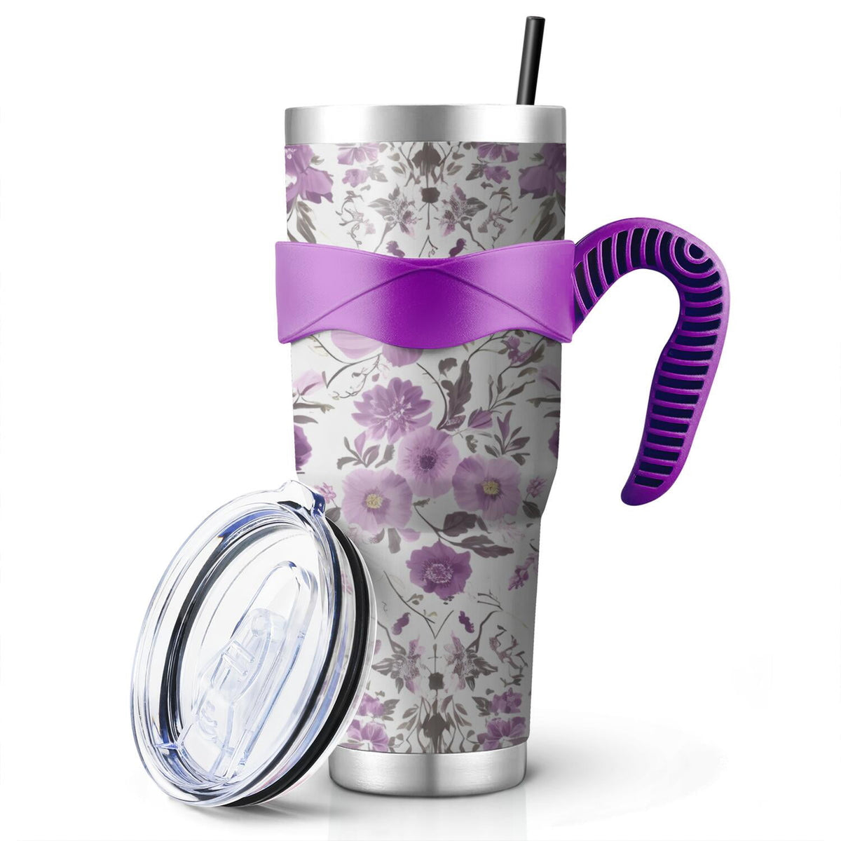 Lunabuddy™ 40 Oz Purple Floral Tumbler with Handle and Silicone Straws,Pioneer Double Wall Vacuum Insulated Stainless Steel Travel Mug Leak-Proof Coffee Cup on Screw Lid and Straw Purple