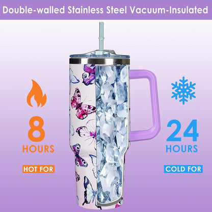 Lunabuddy™ 40 Oz Tumbler With Handle 40oz Purple Butterfly Tumbler With Lid Straw Double Insulated Travel Coffee Mug Butterfly Gifts For Women
