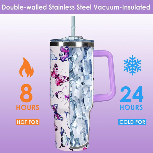 Lunabuddy™ 40 Oz Tumbler With Handle 40oz Purple Butterfly Tumbler With Lid Straw Double Insulated Travel Coffee Mug Butterfly Gifts For Women