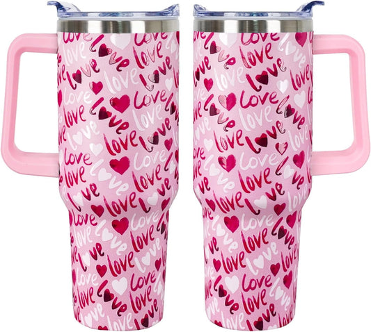 Lunabuddy™ 40 Oz Valentines Day Tumbler 3d-Printed Pink Love Tumbler Gifts for Couple Women Men Insulated Travel Cup with Handle Lid and Straw