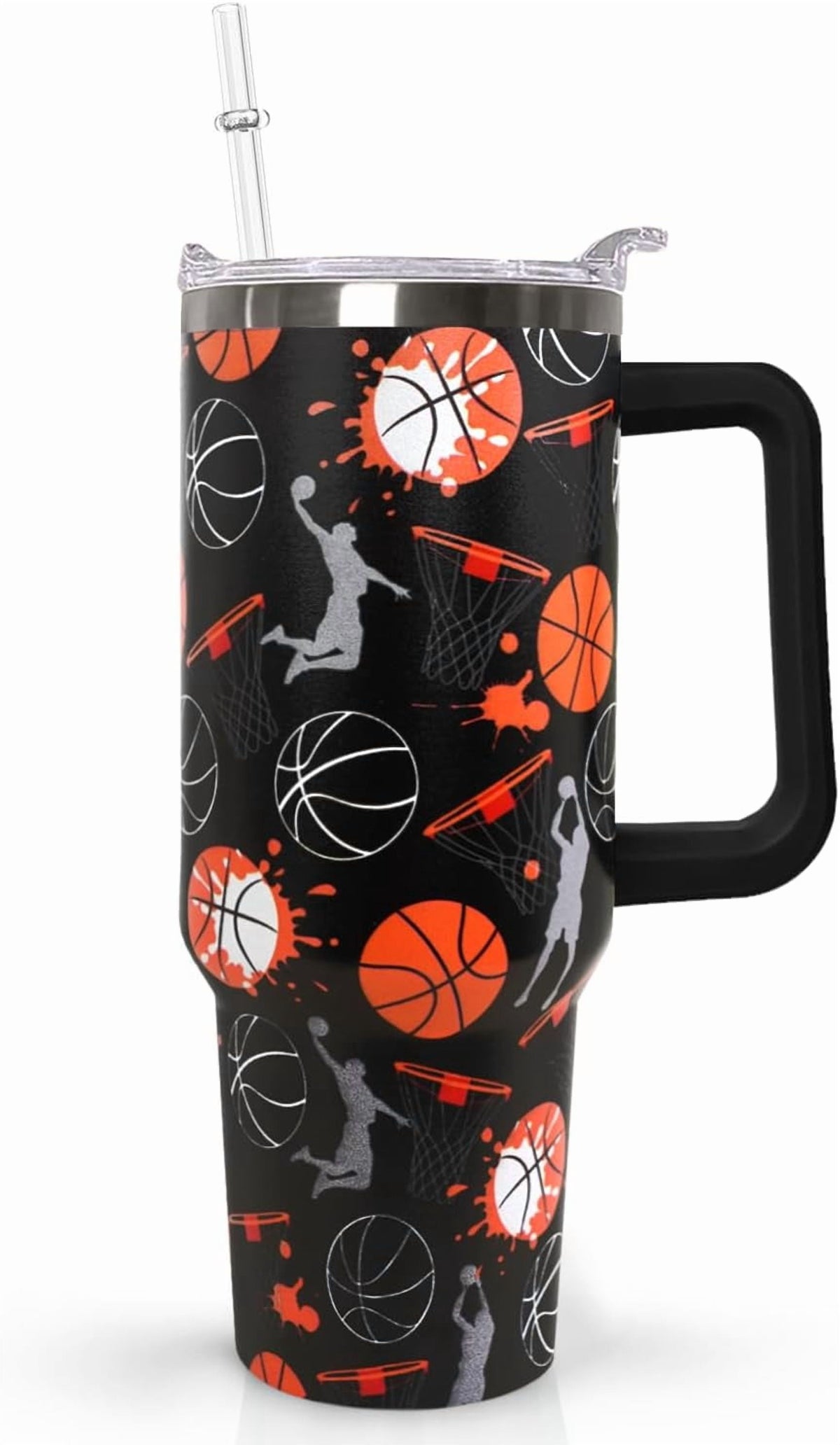 Lunabuddy™ 40 oz Basketball Coffee Mug Cup Vacuum Insulated Travel Tumbler with Handle Lid and Straw,Basketball Coach Gifts,Accessories Stuff