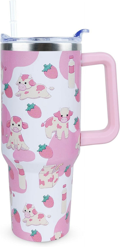 Lunabuddy™ 40 oz Cute Strawberry Cow Tumbler with Handle and Straw, Stainless Steel Insulated Cup with Lid and Straw, Travel Mug Water Bottle, Gifts for Women
