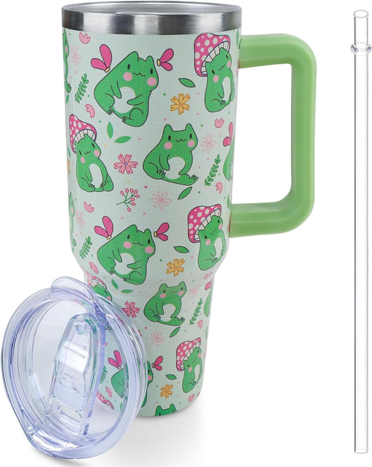 Lunabuddy™ 40 oz Frog Mushroom Tumbler with Handle and Straw, Travel Mug Water Bottle, Stainless Steel Insulated Cup with Lid and Straw, Birthday Christmas Gifts
