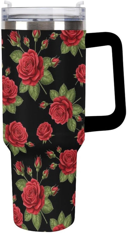 Lunabuddy™ 40 oz Insulated Floral Flowers Red Rose Coffee Tumbler with Portable Handle, Stainless Steel Vacuum Travel Mug for Unisex Home, Office Use