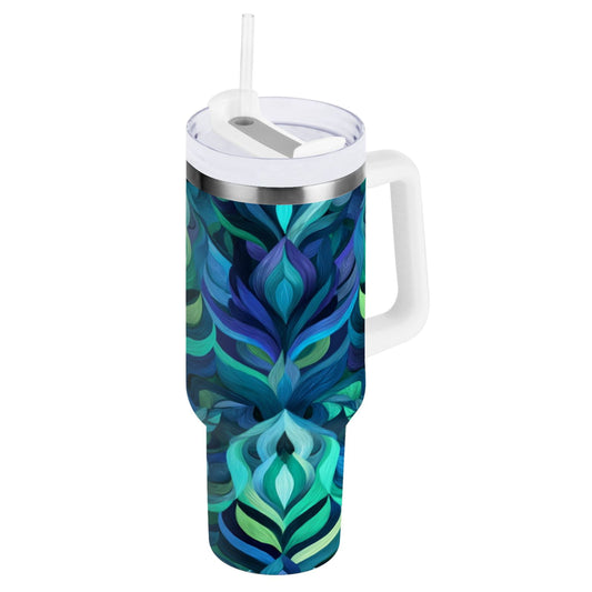 Lunabuddy™ 40 oz Insulated Stainless Steel Tumbler Double Wall Stainless Steel Tumbler with 2-Way Drinking Elegant Blue Abstract Shapes