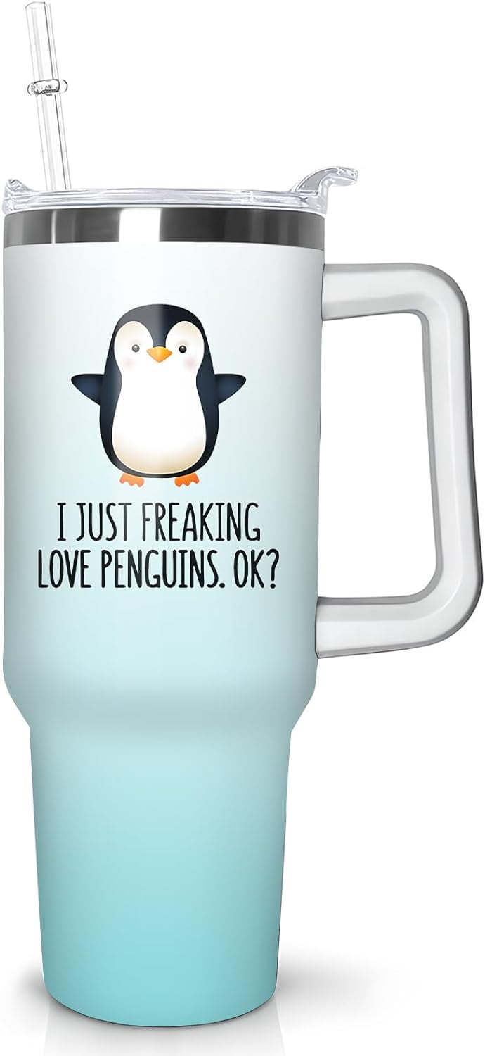 Lunabuddy™ 40 oz Penguin Tumbler with Handle Gifts for Penguin Lover 40oz Stainless Steel Travel Cup Mug Water Bottle