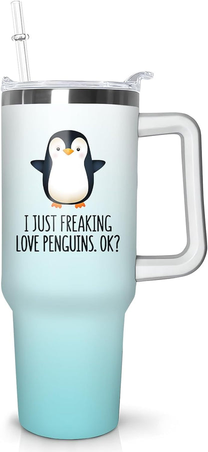 Lunabuddy™ 40 oz Penguin Tumbler with Handle Gifts for Penguin Lover 40oz Stainless Steel Travel Cup Mug Water Bottle