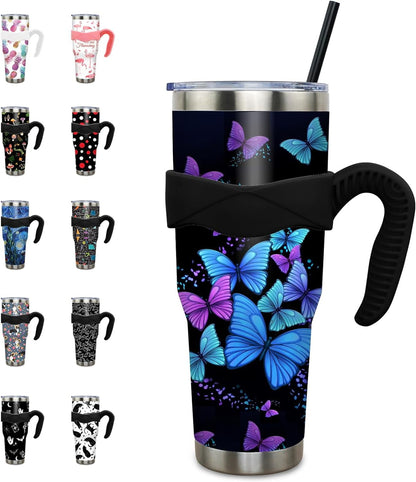 Lunabuddy™ 40 oz Tumbler with Handle and Straw 40oz Blue Purple Butterfly Cup Insulated Coffee Travel Mug Spill Proof Leak Proof 40 ounce Stainless Steel Slim 40 oz tumbler with handle and Lid