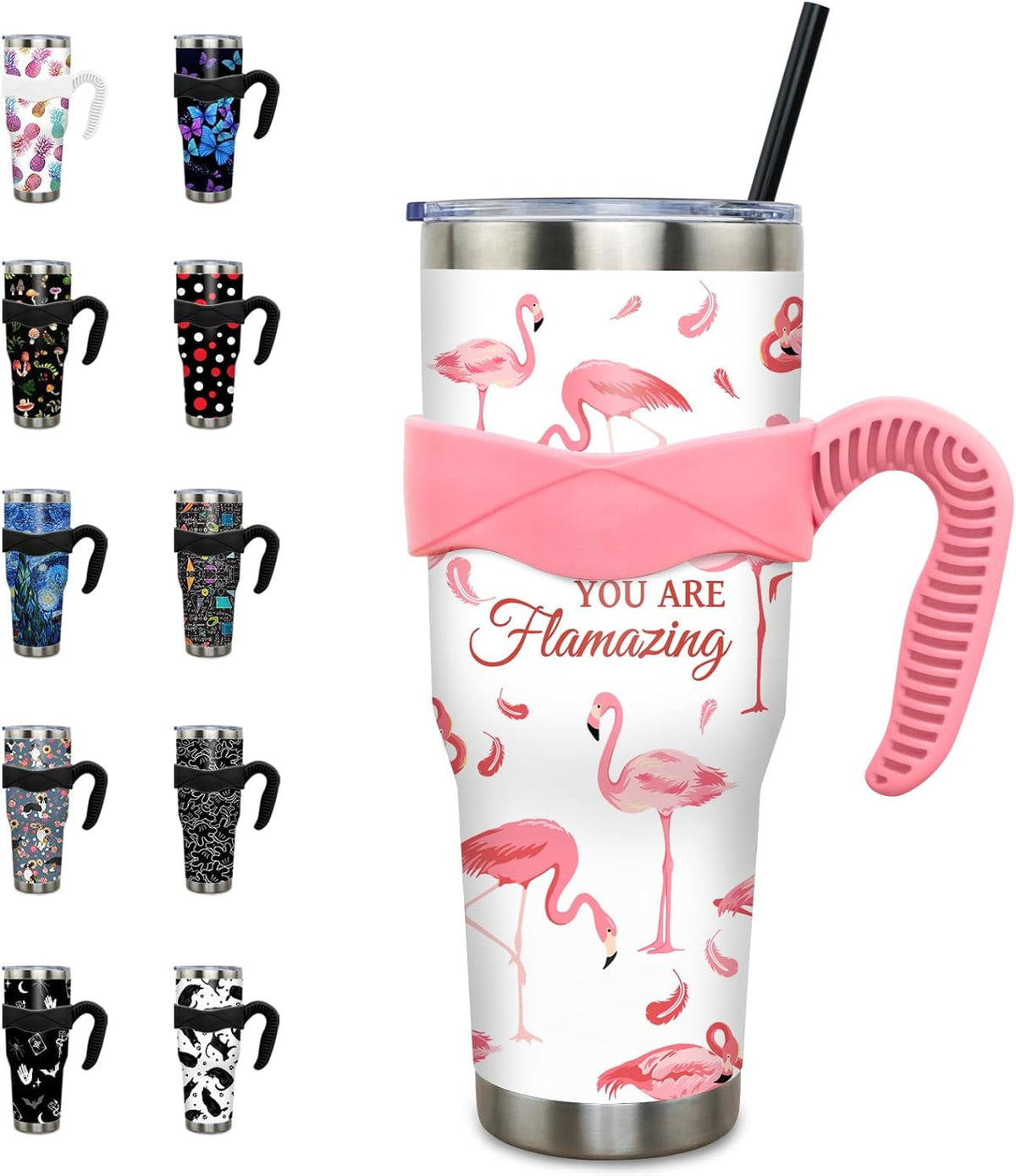 Lunabuddy™ 40 oz Tumbler with Handle and Straw 40oz Pink Flamingo Cup Insulated Coffee Travel Mug Spill Proof Leak Proof 40 ounce Stainless Steel Slim 40 oz tumbler with handle and Lid