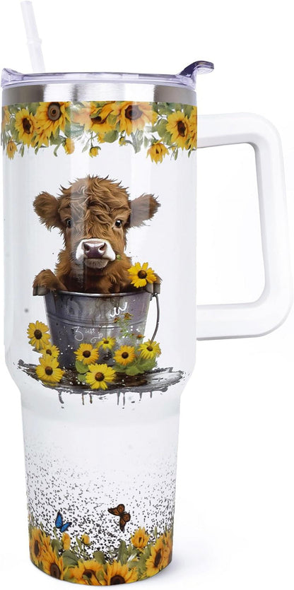 Lunabuddy™ 40 oz Tumbler with Handle and Straw, Highland Cow Tumbler with Leak Proof Lid, Reusable Stainless Steel Insulated Travel Coffee Mug, Highland Cow Gifts for Cow Lovers