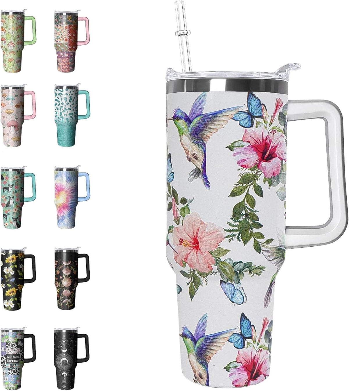Lunabuddy™ 40 oz Tumbler with Handle and Straw Leak Proof Tumbler 40 oz Insulated Cup with Handle Hummingbird Coffee Travel Mug 40 oz Hummingbird Tumbler with Handle Hummingbird Gifts for Women