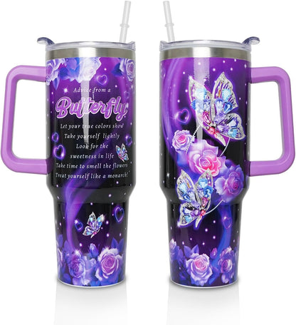 Lunabuddy™ 40 oz Tumbler with Handle and Straw Lid, Purple Butterfly Insulated Cup, Double Vacuum Leak Proof Coffee Travel Mug, Flower Stainless Steel Water Bottle Gifts for Women Girls