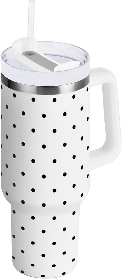 Lunabuddy™ 40 oz Tumbler with Handle Lid and Straw Insulated Water Tumbler Stainless Steel Water Cup Mug Bottle Reusable Cup Holder Friendly Polka Dot White