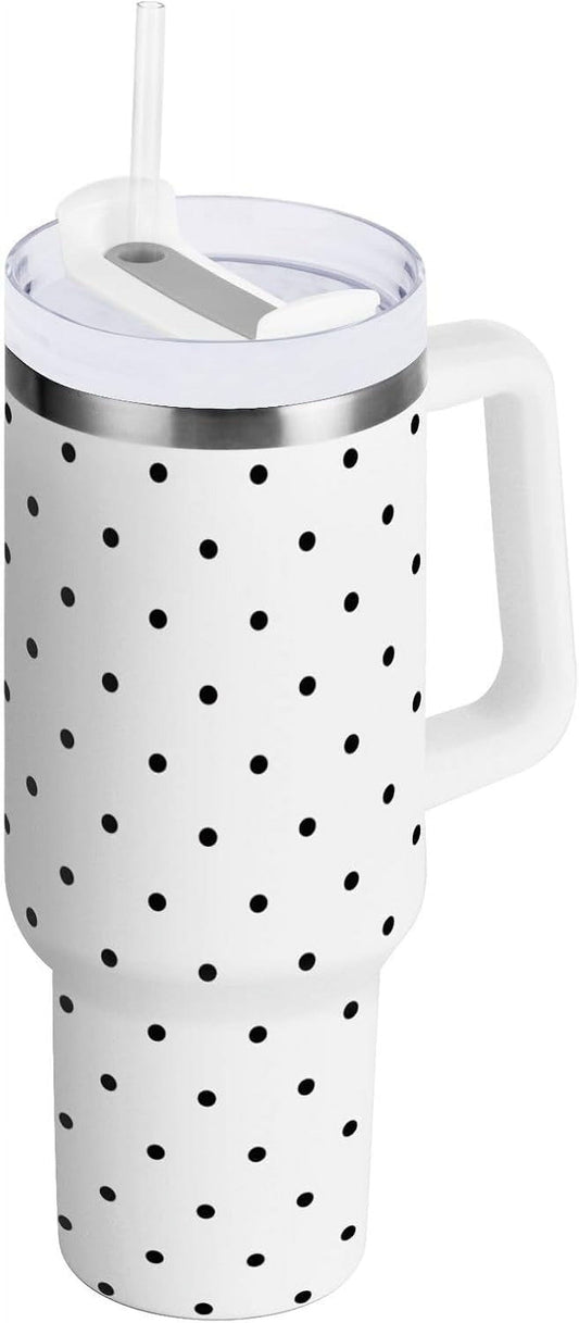 Lunabuddy™ 40 oz Tumbler with Handle Lid and Straw Insulated Water Tumbler Stainless Steel Water Cup Mug Bottle Reusable Cup Holder Friendly Polka Dot White