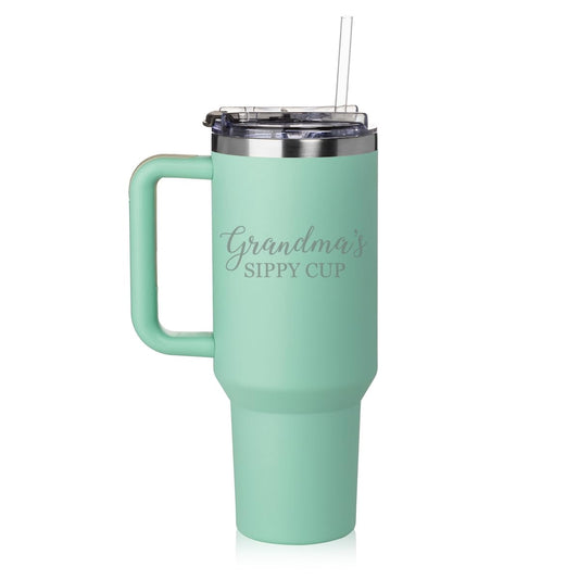 Lunabuddy™ 40 oz Tumbler with Handle and Straw Lid Stainless Steel Insulated Travel Mug Cup Grandma's Sippy Cup Grandmother Funny (Sea Foam Green)