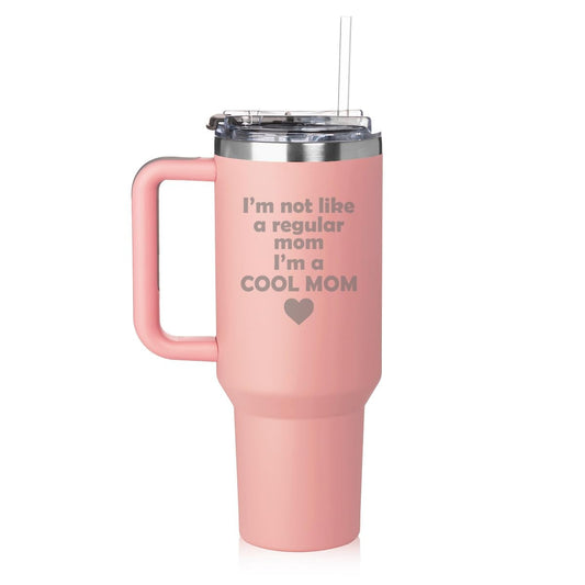 Lunabuddy™ 40 oz Tumbler with Handle and Straw Lid Stainless Steel Insulated Travel Mug Cup I'm not a regular mom I'm a cool mom (Pink)