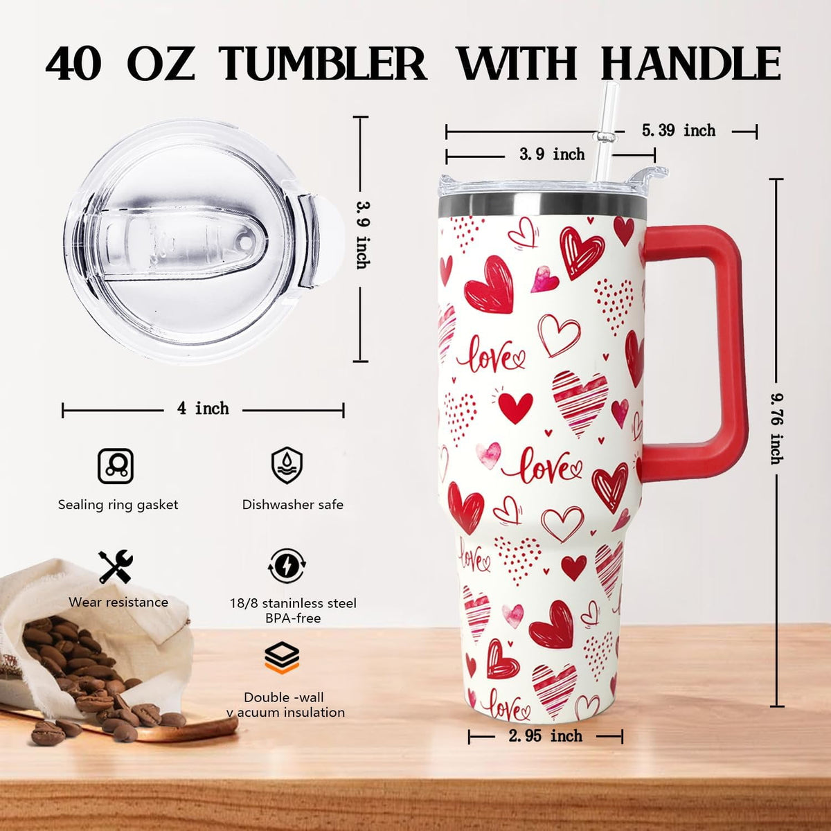 Lunabuddy™ Love Tumbler 40 Oz Valentine Heart Tumbler With Handle,Valentine''s Day Coffee Travel Mug Cup Water Bottle,Heart Decor,Valentine''s Gifts for Wife Girlfriend Bride